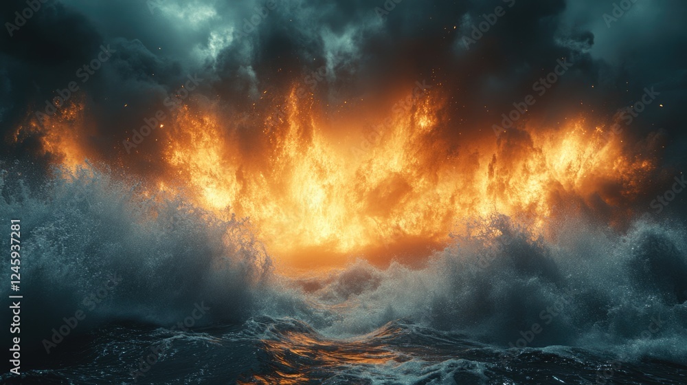 custom made wallpaper toronto digitalCinematic underwater scene with dramatic fire explosion and turbulent waves, featuring ample copy space for text or branding elements.