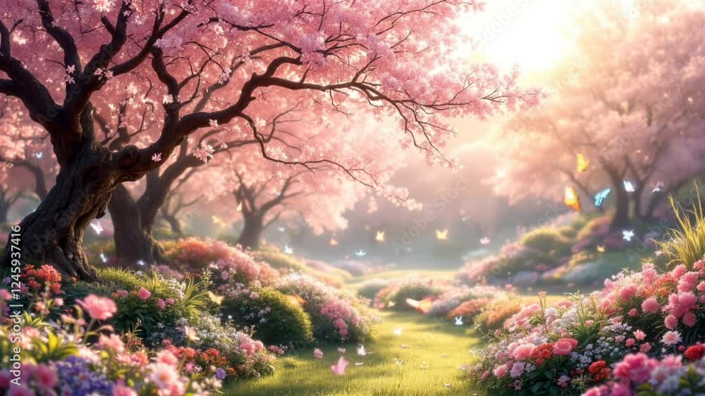 Butterflies fluttering in lush garden surrounded by blooming cherry trees. Nature concept Butterflies fluttering in lush garden surrounded by blooming cherry trees. Nature concept