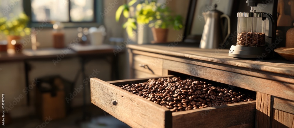Wooden drawer filled with coffee beans in a cozy kitchen setting with natural light and plants in the background. Wooden drawer filled with coffee beans in a cozy kitchen setting with natural light and plants in the background.