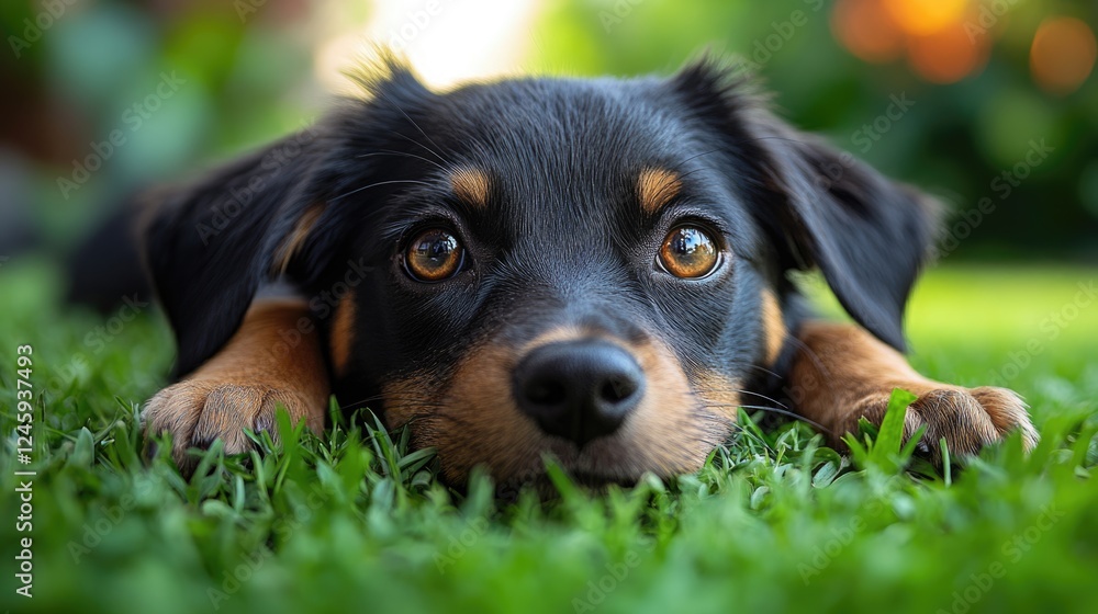 Young puppy resting on green grass, embodying innocence and playfulness with space for text in a vibrant natural setting. Young puppy resting on green grass, embodying innocence and playfulness with space for text in a vibrant natural setting.