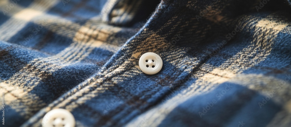 Close up of Blue Plaid Flannel Shirt Featuring White Buttons and Textured Fabric Details Close up of Blue Plaid Flannel Shirt Featuring White Buttons and Textured Fabric Details
