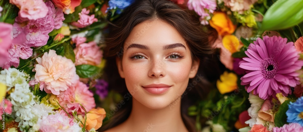 Close up portrait of a woman surrounded by colorful flowers with a blank space for text suitable for marketing or social media use Close up portrait of a woman surrounded by colorful flowers with a blank space for text suitable for marketing or social media use