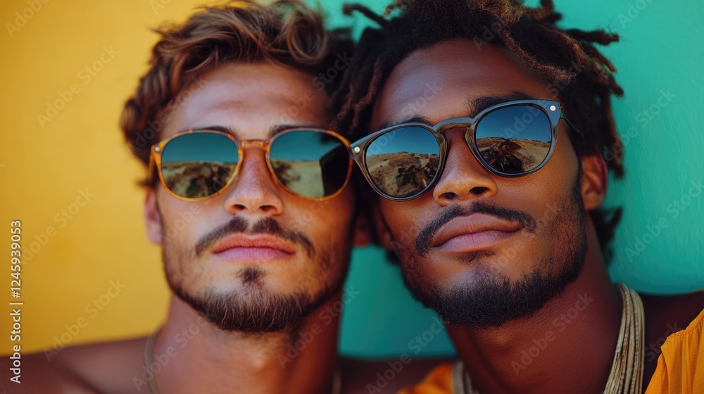 Close up of diverse young men in sunglasses showcasing friendship with vibrant green background and space for text or branding Close up of diverse young men in sunglasses showcasing friendship with vibrant green background and space for text or branding