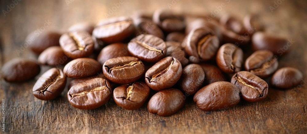 Closeup of aromatic roasted coffee beans on a rustic wooden board with selective focus for text placement and rich texture detail. Closeup of aromatic roasted coffee beans on a rustic wooden board with selective focus for text placement and rich texture detail.