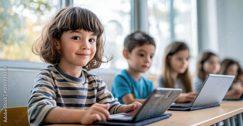 Children Learning with Tablets in Bright Classroom Engaged in Technology Education Children Learning with Tablets in Bright Classroom Engaged in Technology Education