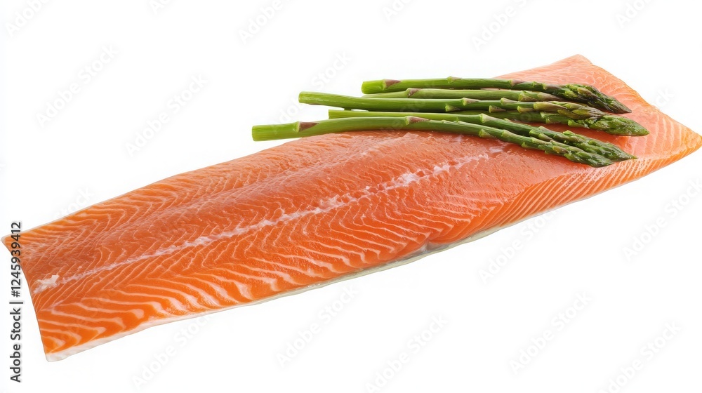 Fresh Salmon Fillet with Asparagus on a White Background - Culinary Presentation Fresh Salmon Fillet with Asparagus on a White Background - Culinary Presentation