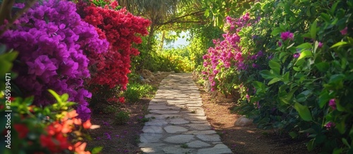 Vibrant bougainvillea flowers lining a serene garden pathway surrounded by lush greenery and colorful blooms. photo