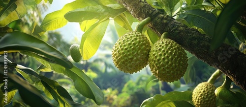 Fototapeta Naklejka Na Ścianę i Meble -  Breadfruit tree with ripe fruits, a staple food in South Pacific and tropical regions, showcasing the Moraceae family in lush green surroundings.