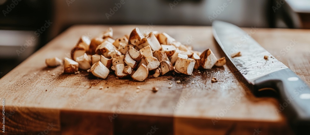 Chopped mushrooms on a wooden cutting board next to a sharp knife in a modern kitchen setting. Chopped mushrooms on a wooden cutting board next to a sharp knife in a modern kitchen setting.