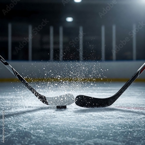 two ice hockey players’ sticks crossing during a face-off, with ice shavings flying, ice hockey, face-off, sticks, close-up, sports, ice shavings, action, dynamic, game, competition, athletic, motion 