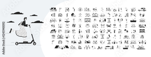 Lifestyle cartoon outline illustrations mega bundle. People and objects in various situations 2D linear images isolated. Adults spending time on hobby collection black and white vector drawings