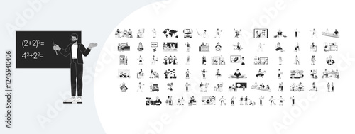 Education cartoon outline illustrations mega bundle. Students and teachers at school 2D linear images isolated. Learning lessons to get basic knowledge collection black and white vector drawings