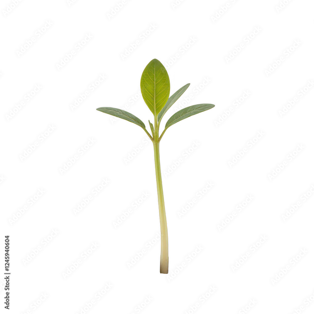 Fresh green plant sprouting, delicate single stem with vibrant leaves, symbolizes growth and revitalization, ideal for wellness themes. Isolated on white background or PNG Fresh green plant sprouting, delicate single stem with vibrant leaves, symbolizes growth and revitalization, ideal for wellness themes. Isolated on white background or PNG