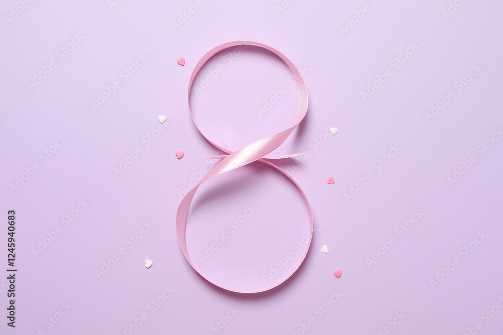 8 March, International Women's Day. Figure eight made of pink ribbon on a color background. Space for text 8 March, International Women's Day. Figure eight made of pink ribbon on a color background. Space for text