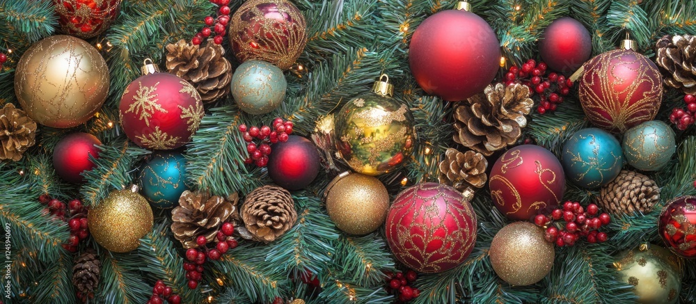 Close Up of Festive Christmas Ornaments and Decorations on Tree with Pine Cones and Red Berries