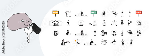 Business and finance cartoon outline illustrations mega bundle. Real estate professional support 2D linear images isolated. Realtors service and career collection black and white vector drawings