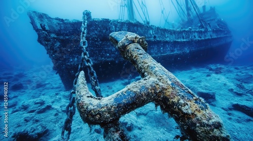 Underwater shipwreck with anchor and chain, showcasing marine history and exploration
