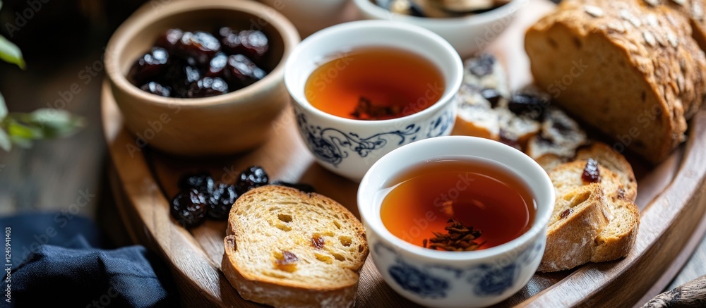 Fototapeta premium Traditional Chinese tea scene featuring green tea, healthy cereal bread, and prunes elegantly arranged for a serene tea ceremony experience.