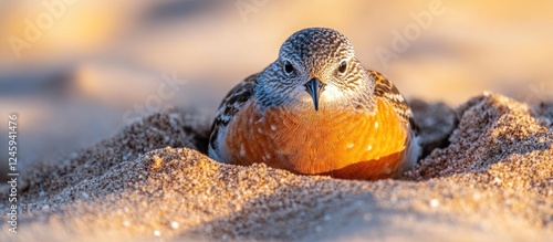 Red knot bird blending into sandy environment highlighting exquisite plumage details in Cantabria Spain during golden hour. photo