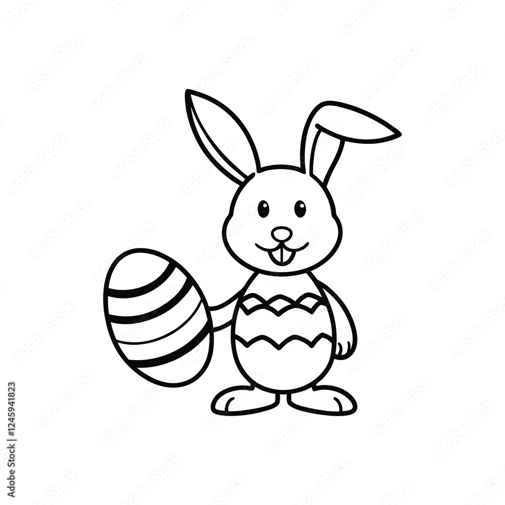 Fototapeta premium Cute cartoon Easter bunny holding an egg, perfect for coloring pages. coloring page for kids. KDP