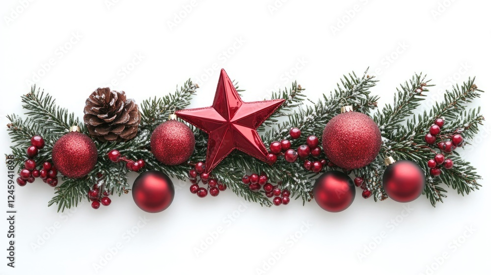 Festive Christmas Card Design with Red Ornaments Fir Branches and Pinecone on White Background for Holiday Greetings and Text Space Festive Christmas Card Design with Red Ornaments Fir Branches and Pinecone on White Background for Holiday Greetings and Text Space