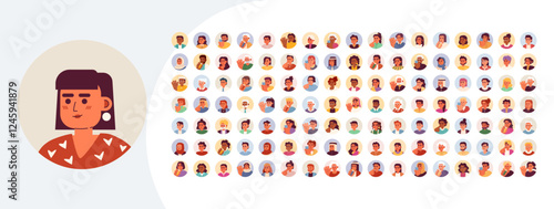 Round avatars cartoon flat illustrations mega bundle. Users of different age and ethnicity 2D images isolated on white. Web page and online chat profiles collection vector drawings colorful
