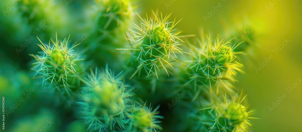 Detail of vibrant cactus spikes in natural sunlight showcasing intricate textures and colors in a blurred green background. Detail of vibrant cactus spikes in natural sunlight showcasing intricate textures and colors in a blurred green background.