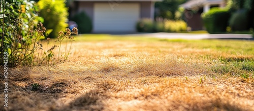 Close up of a neglected lawn featuring dry yellow patches, weeds, and signs of minimal maintenance in a residential setting.