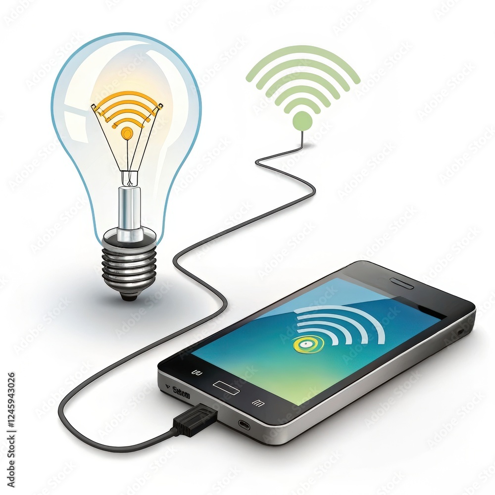 Smart Home Concept: A light bulb with a wireless signal connecting to a smartphone via a cable. It symbolizes the power of technology to connect and illuminate our lives. Smart Home Concept: A light bulb with a wireless signal connecting to a smartphone via a cable. It symbolizes the power of technology to connect and illuminate our lives.