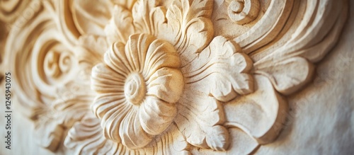 Closeup of intricate stone carving featuring a detailed flower motif in architectural ornamentation photo