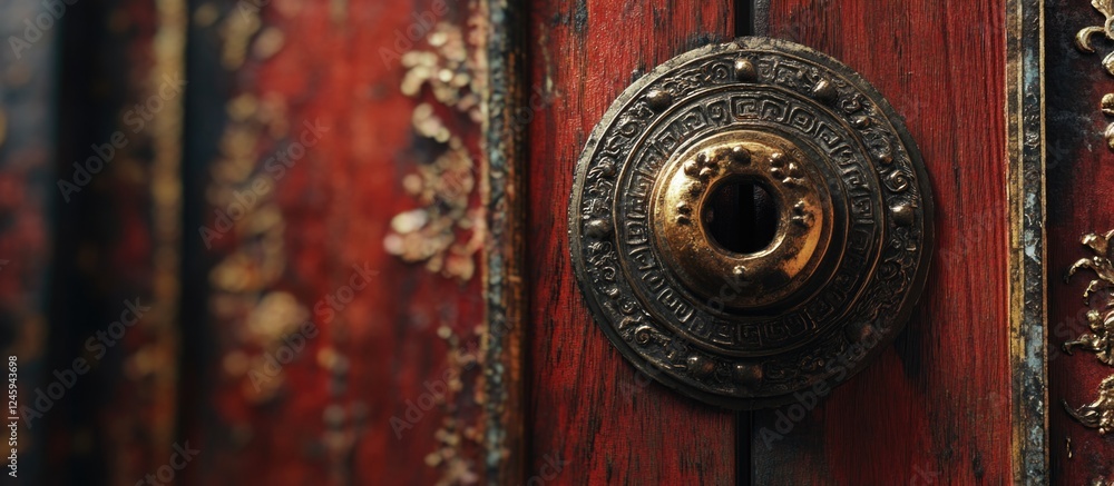 Antique Chinese door handle with intricate designs on a weathered wooden door showcasing cultural craftsmanship and artistry. Antique Chinese door handle with intricate designs on a weathered wooden door showcasing cultural craftsmanship and artistry.