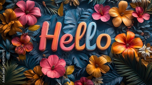 A vibrant arrangement of colorful flowers surrounding the word 'Hello', creating a cheerful and inviting atmosphere. Perfect for greetings, celebrations, or floral themes. photo