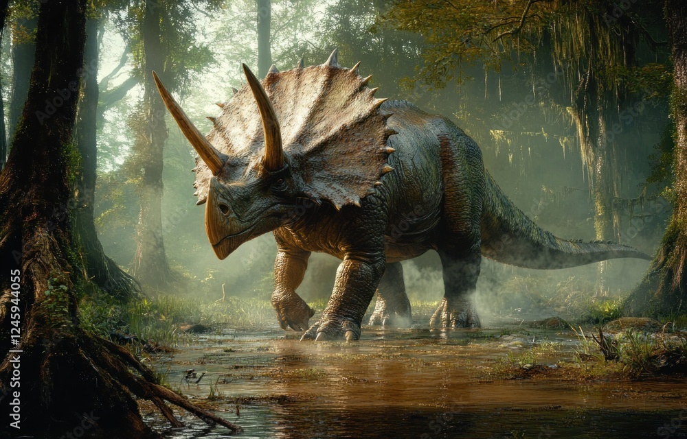 Fototapeta premium Triceratops in Misty Prehistoric Swamp Dynamic Composition Dramatic Chiaroscuro Lighting Nature Environment Ancient Dinosaur