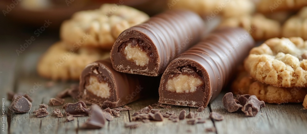 Chocolate-filled tubules surrounded by cookies on a rustic wooden surface creating a tempting dessert background concept Chocolate-filled tubules surrounded by cookies on a rustic wooden surface creating a tempting dessert background concept
