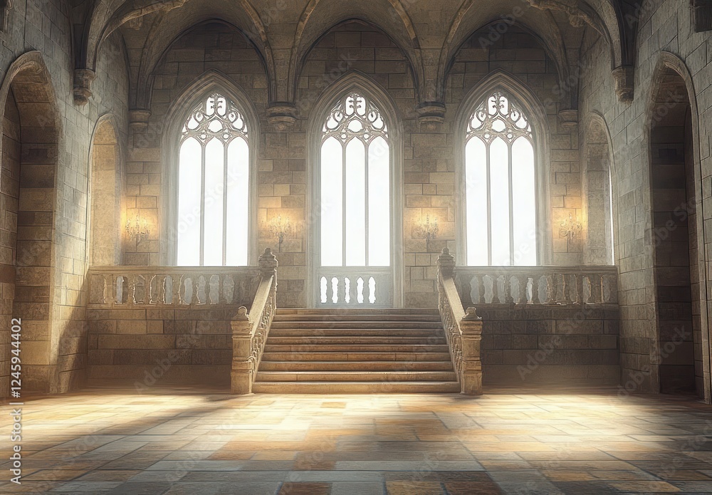 Obraz premium Grand Medieval Hall with Stone Arches and Golden Light Illuminating Staircase to Balcony