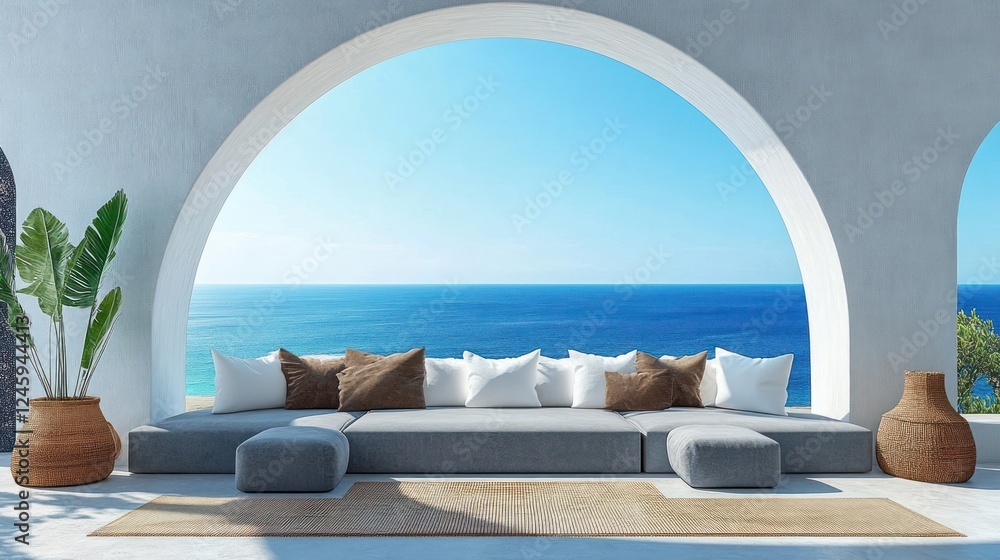 Fototapeta premium Luxury Ocean View Living Room Minimalist Design Natural Light Santorini Style 3D Rendering