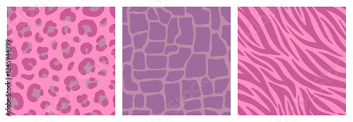 Animal fur patterns set. Leopard, giraffe, zebra prints in pink colors. Vector seamless fashion textures