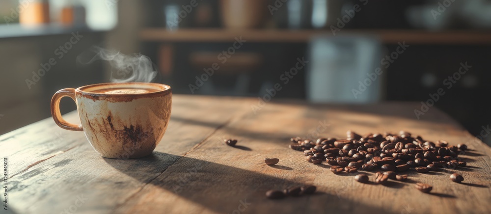 Coffee Cup with Steam and Coffee Beans on Rustic Wooden Table in Warm Light Setting Coffee Cup with Steam and Coffee Beans on Rustic Wooden Table in Warm Light Setting