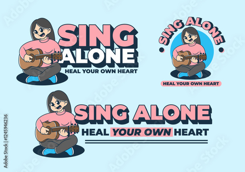 Girl character sing alone with guitar, illustration design in 3 version