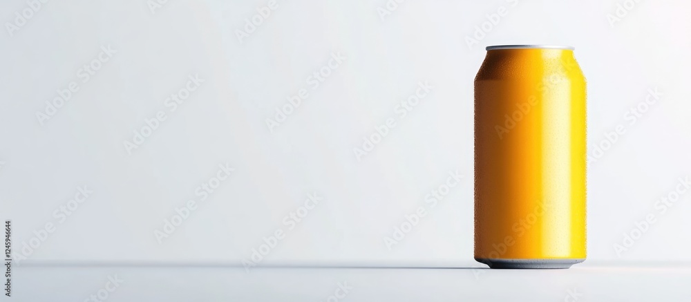 Close up of a yellow beer can on a white background with ample empty space for promotional text or product branding.