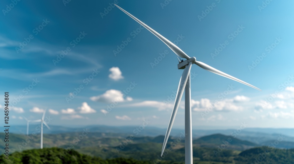 Fototapeta premium Wind turbines generate clean energy on a mountaintop, showcasing a sustainable future