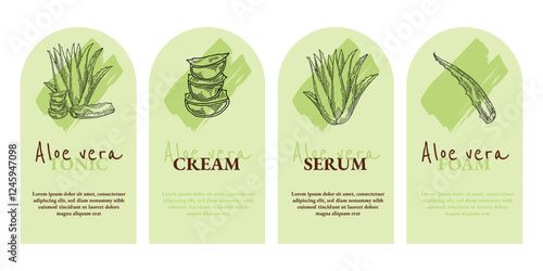 Aloe vera emblem template set. Natural cosmetics ingredient. Hand drawn ink sketch plant from package design. Ecology concept in beauty industry. Vector illustration.