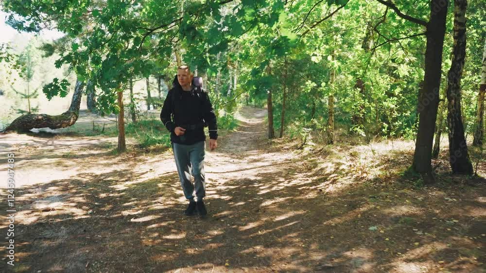 Exploring Nature A Mans Exciting Adventure Through a Beautiful, Lush Forest Hiking Trail, Engaging with the Environment and Embracing the Serenity of the Wilderness Beyond Urban Life