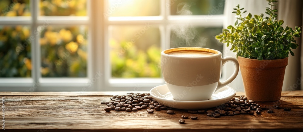 custom made wallpaper toronto digitalFreshly brewed coffee in a white cup on a wooden table with coffee beans and a green plant by a sunlit window creating a warm atmosphere