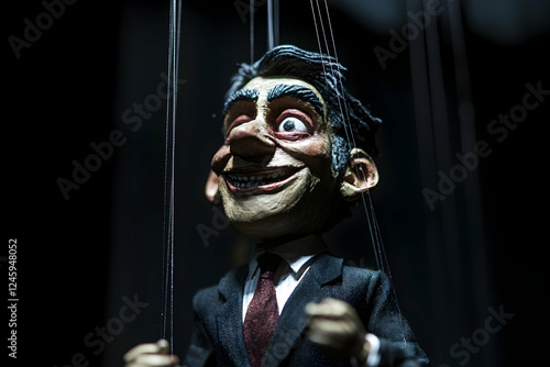 Puppet with expressive face and strings in dramatic lighting photo