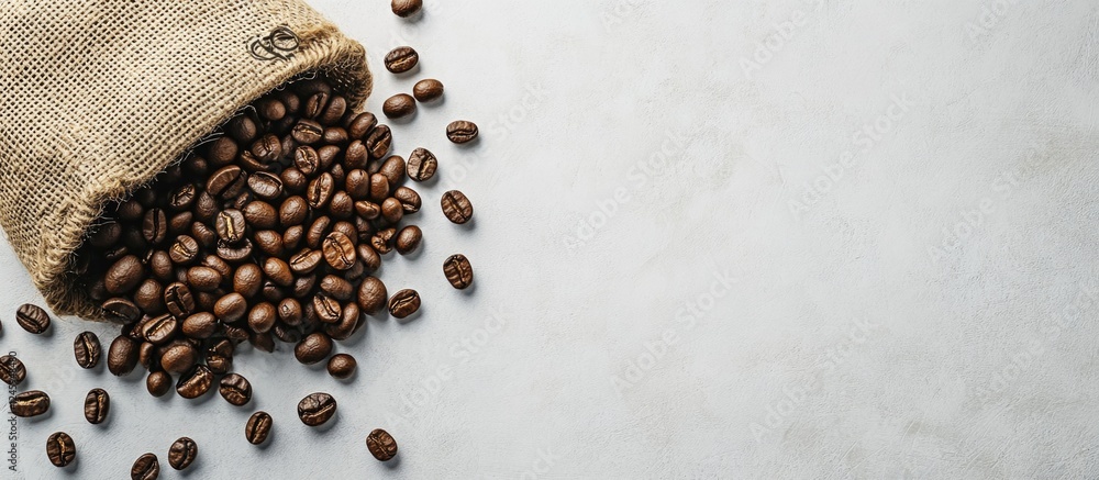 Coffee sack spilling roasted coffee beans on a clean white background highlighting the rich texture and aroma of premium coffee. Coffee sack spilling roasted coffee beans on a clean white background highlighting the rich texture and aroma of premium coffee.