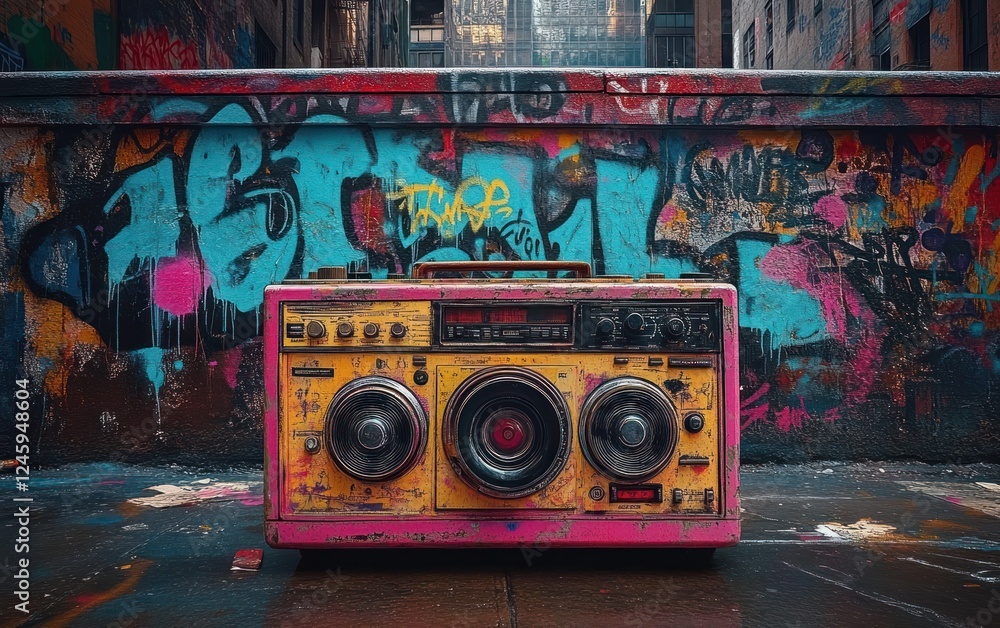 Fototapeta premium Retro Graffiti Boombox in Urban Setting Music Culture 1980s