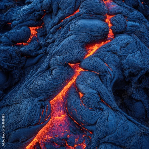 Lava flow cascading down a mountainside with glowing cracks and intense red hues at volcanic landscape photo