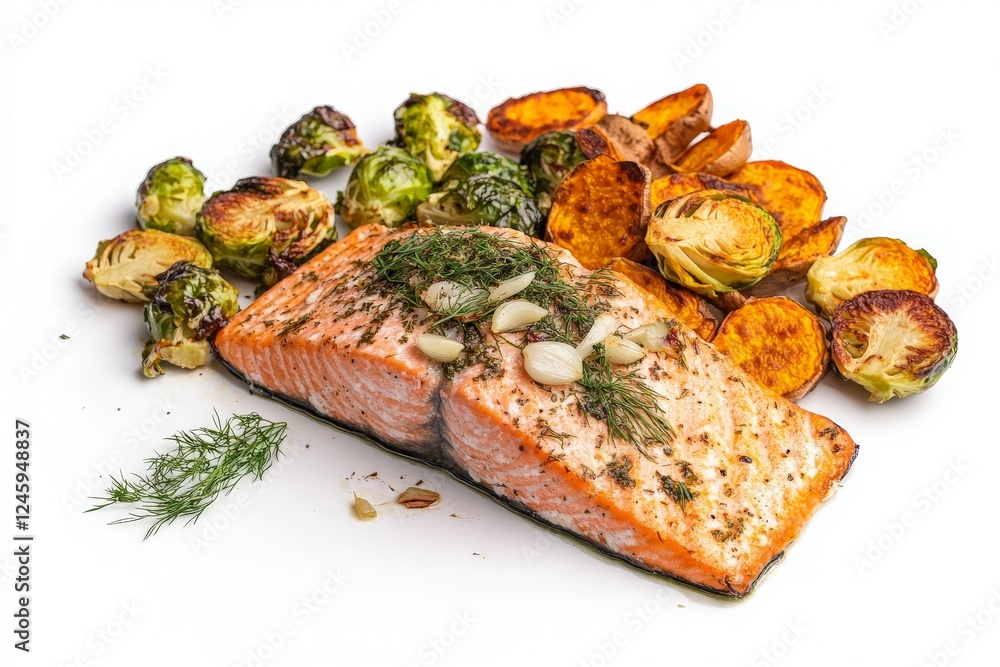 Grilled Salmon with Roasted Vegetables on a White Background - Ideal for Culinary Blogs, Healthy Eating Promotions, and Food Photography Grilled Salmon with Roasted Vegetables on a White Background - Ideal for Culinary Blogs, Healthy Eating Promotions, and Food Photography
