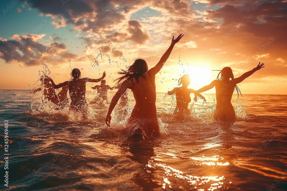 Fototapeta premium Happy Friends Jumping in Water at Sunset Sea Beach